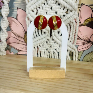 Vintage Enamel Earrings Red Gold‎ Toned Metal Clear Pave Accent Round Circle